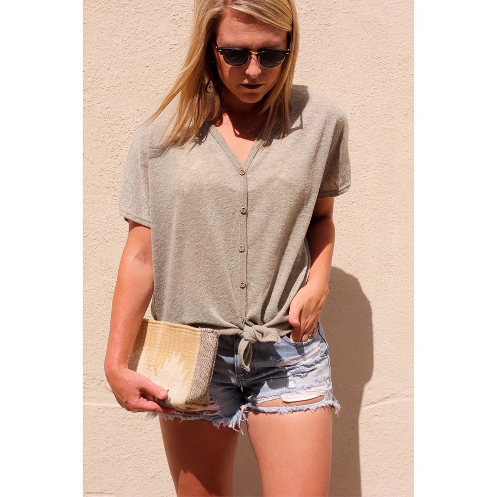 MOD Boutique Ribbed Front Tie Button Up Top - Picture 2 of 9
